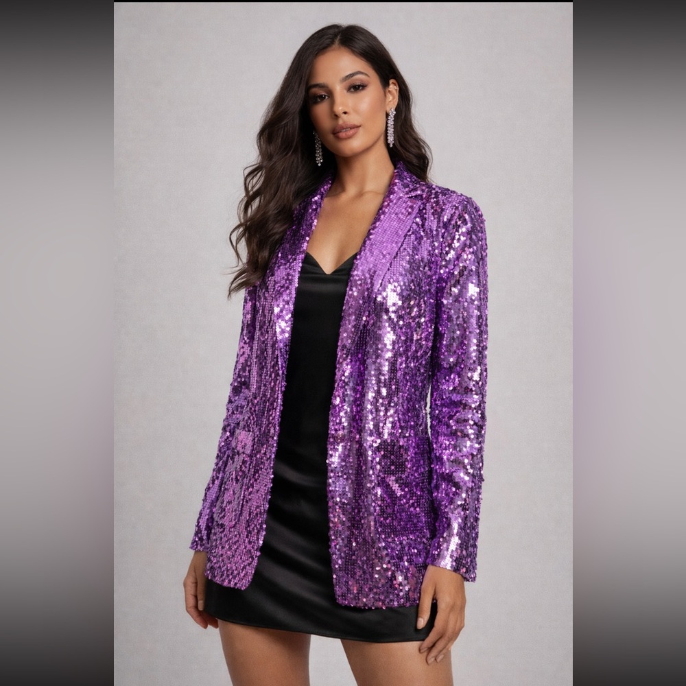 NWT Purple Sequin Blazer Jacket M Statement Party Concert Festival Glam